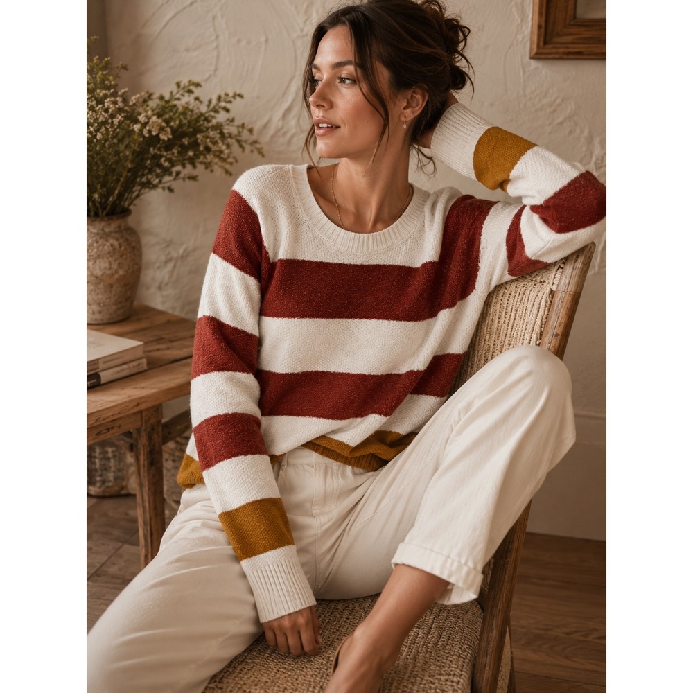 Pinque XL Oversized Striped Knit Sweater Rust Mustard Cream Boho Coastal Fall
